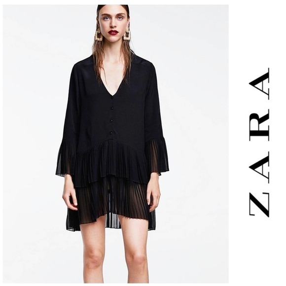 Zara Black Pleated & Layered Long Sleeve Dress - Picture 1 of 12